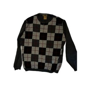 Mario Gilberto sz L Men Merino Wool‎ V-Neck sweater Gray Argyle Career old money